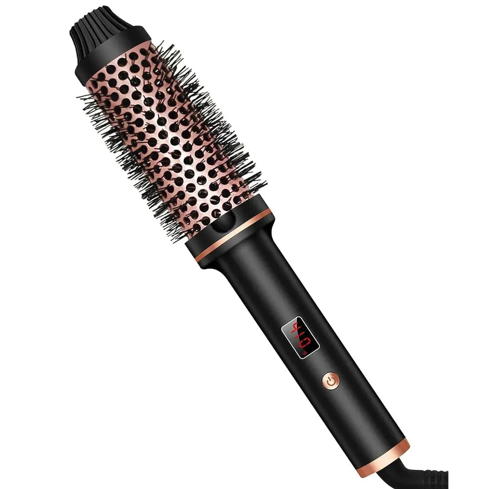 Black and rose gold 3-in-1 ionic hair styling brush with digital temperature display and anti-scald thermal bristles.