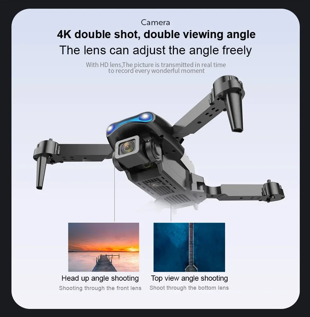 Black foldable drone with front and bottom 4K cameras for adjustable dual-angle aerial photography and video recording.