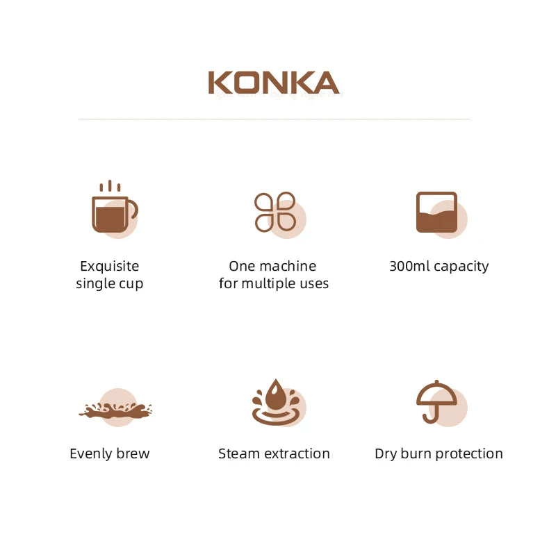Konka 300ml single-cup coffee maker features: multi-use, steam extraction, even brewing, and dry burn protection.