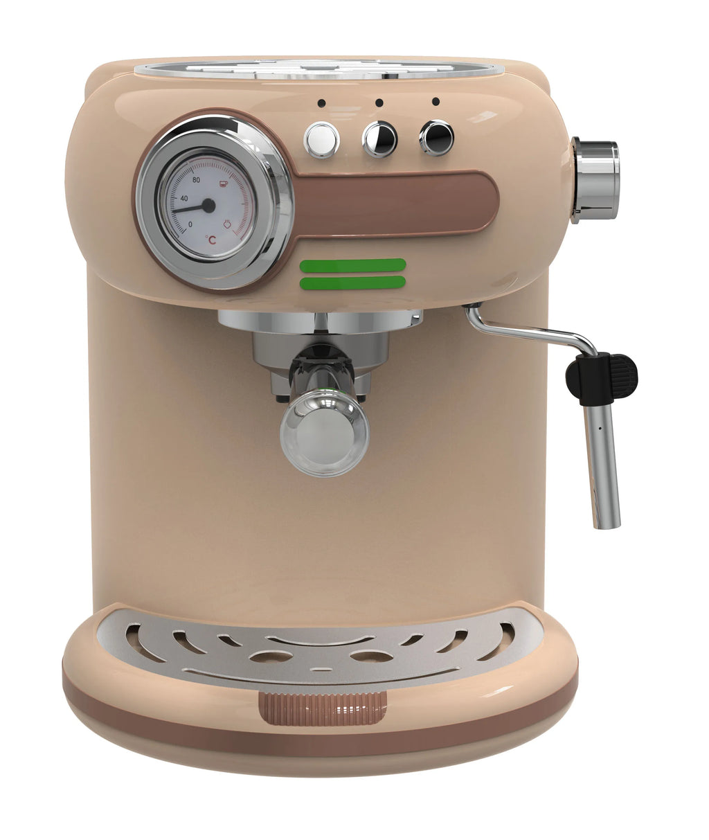 Beige retro espresso machine with chrome accents, analog temperature gauge, and milk frothing wand.