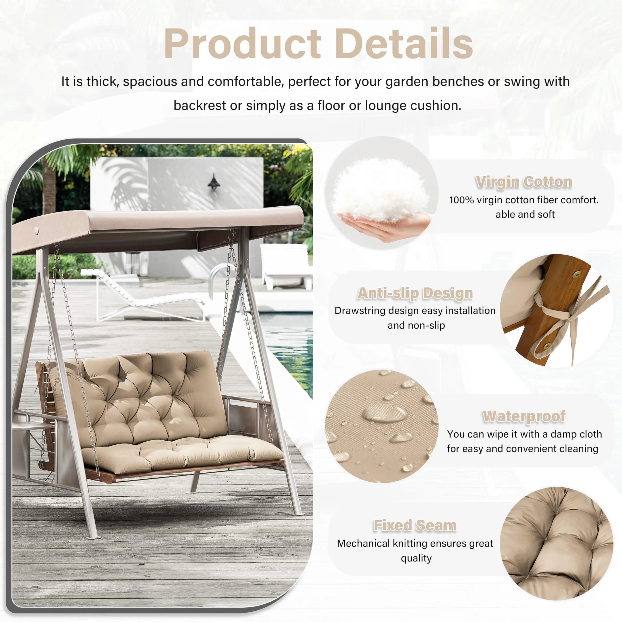 Bench Cushion with Backrest 2 or 3 Seat Swing Replacement Cushions Overstuffed for Garden Patio Furniture Loveseat Swing Outdoor