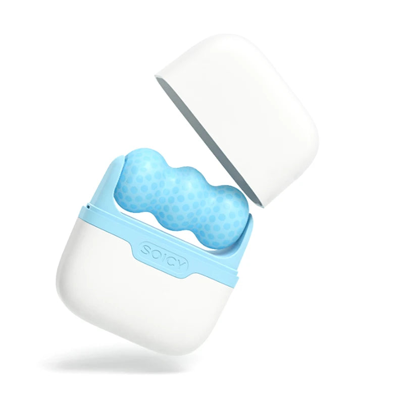 White and light blue ice roller with a dotted, wavy massage head in a compact, portable case labeled "SOICY."