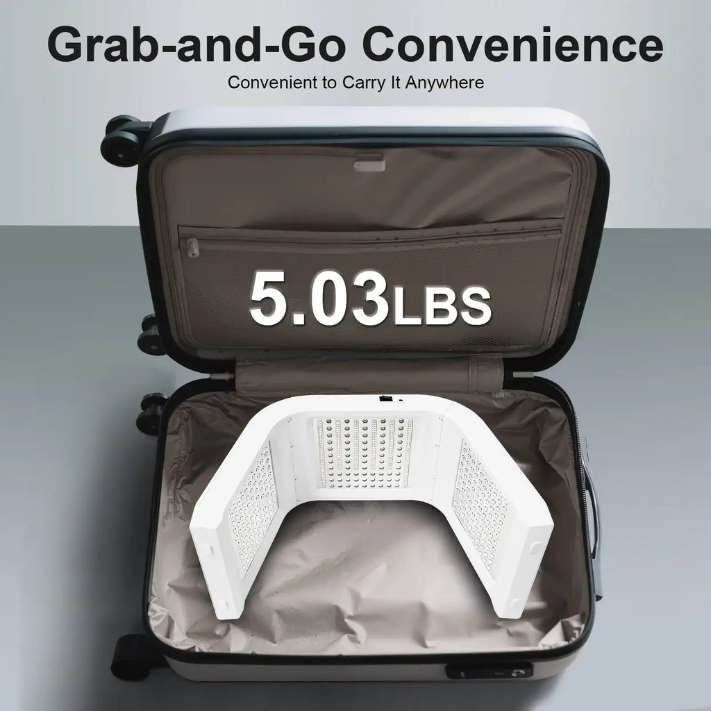 White, arched LED light therapy panel packed inside a travel suitcase, labeled 5.03lbs.