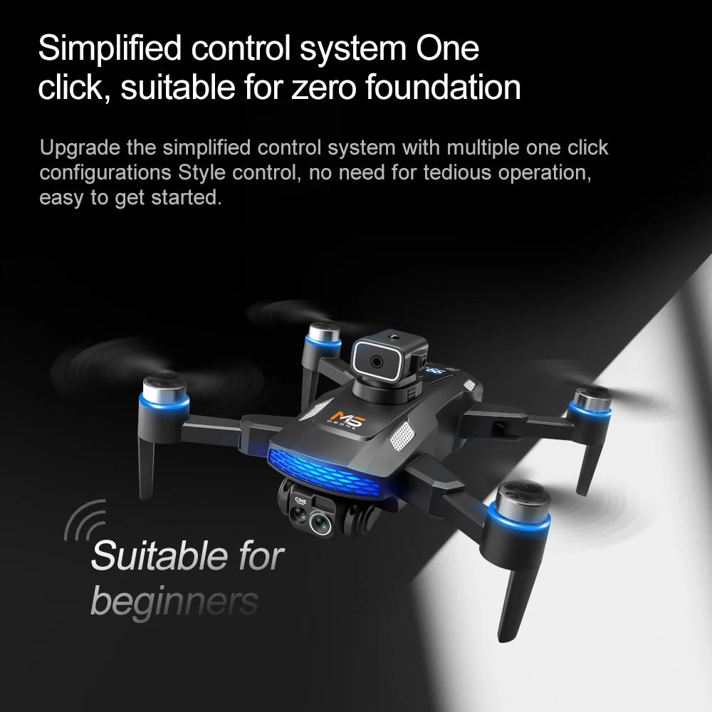 Black M5 drone with a front camera, four rotors, and blue LED accents, designed for easy beginner flight.