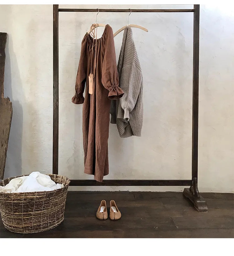 Original New Spring Vintage Cotton Linen Dress for Women Solid Long Sleeve Drawstring Linen One-Piece Dress Maxi Dress