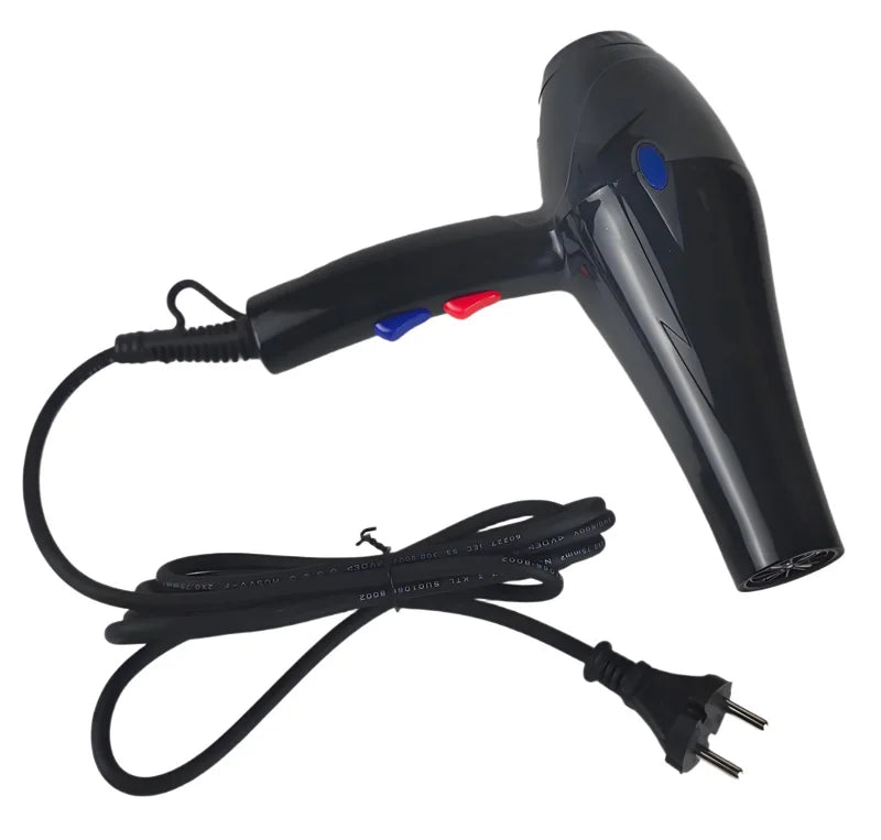 Black professional hair dryer with EU plug, featuring hot/cold wind control buttons for salon or home use.