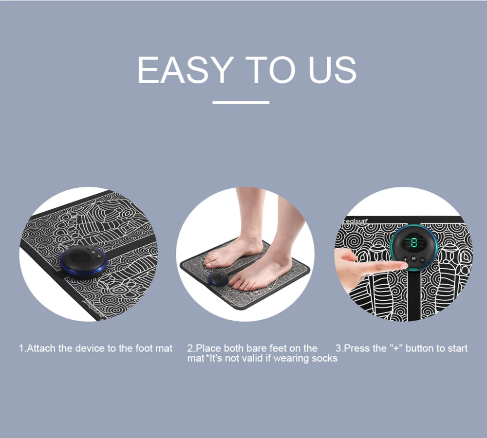 Portable electric EMS foot massager mat with digital control, showing steps to attach device and use for pain relief.