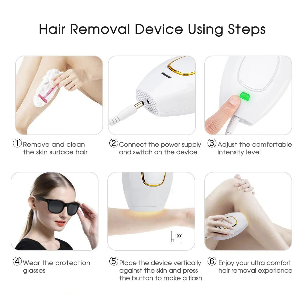 6-step guide on using white handheld IPL laser hair removal device for painless body and bikini permanent depilation.