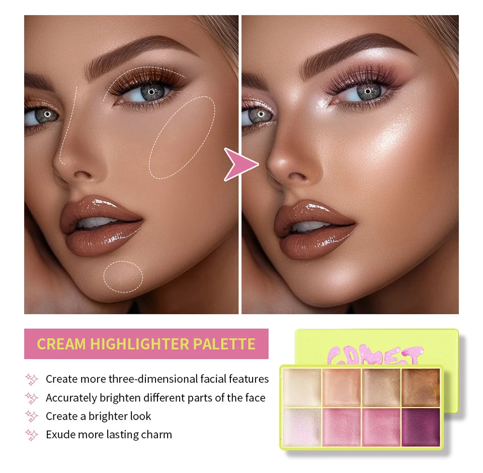 Tidesmit 8 color eyebrow cream highlighter palette with matte and shimmer finishes for natural long-lasting makeup