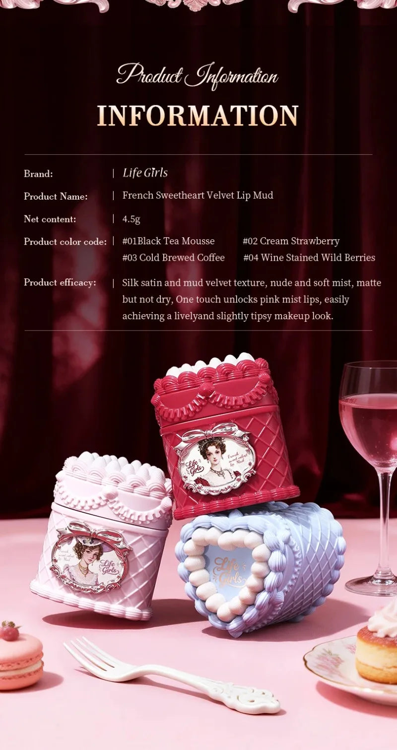 Life Girls strawberry cake matte velvet lip mud in vintage pink and red containers with soft-focus finish.