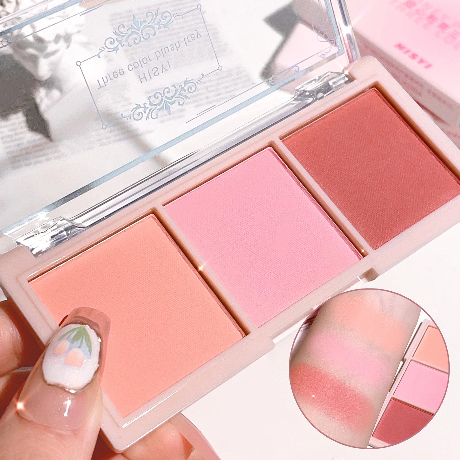 Tidesmit HISYI three-color matte blush texture close-up for natural clear vitality face makeup