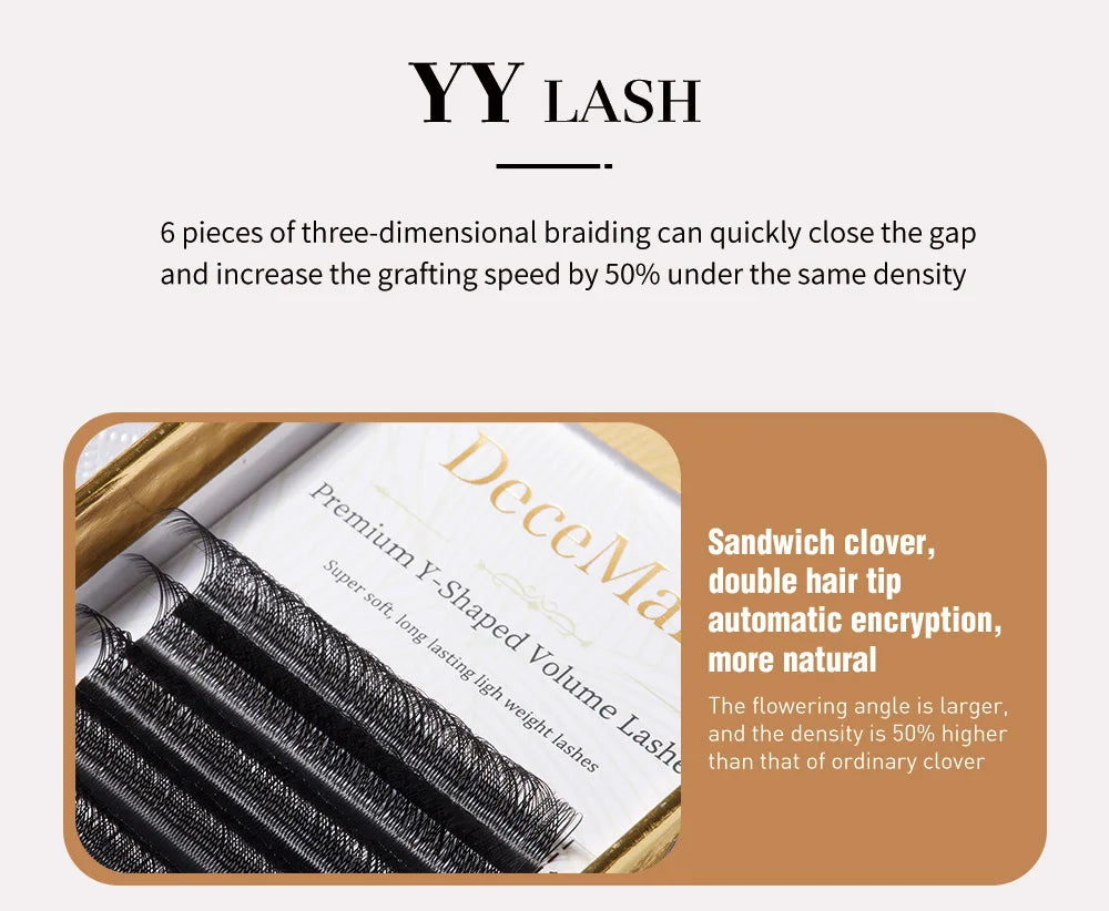 Black DeceMars YY eyelash extension tray with Y-shaped, soft, double-tip volume lashes for 3D effect.