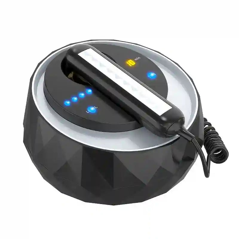 Black multifaceted round beauty device with a glowing digital display, level indicators, and a handheld wand.