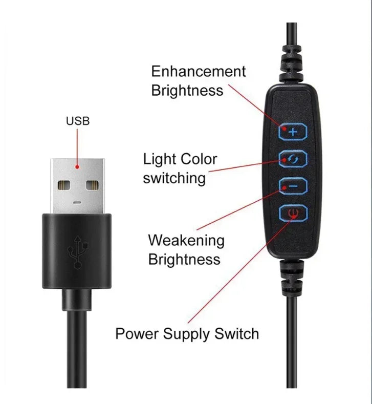 USB cable with a black inline controller featuring four buttons to adjust brightness, light color, and power.