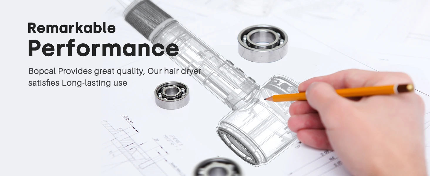 Technical blueprint of Bopcal high-speed ionic hair dryer showing internal motor design for long-lasting performance.