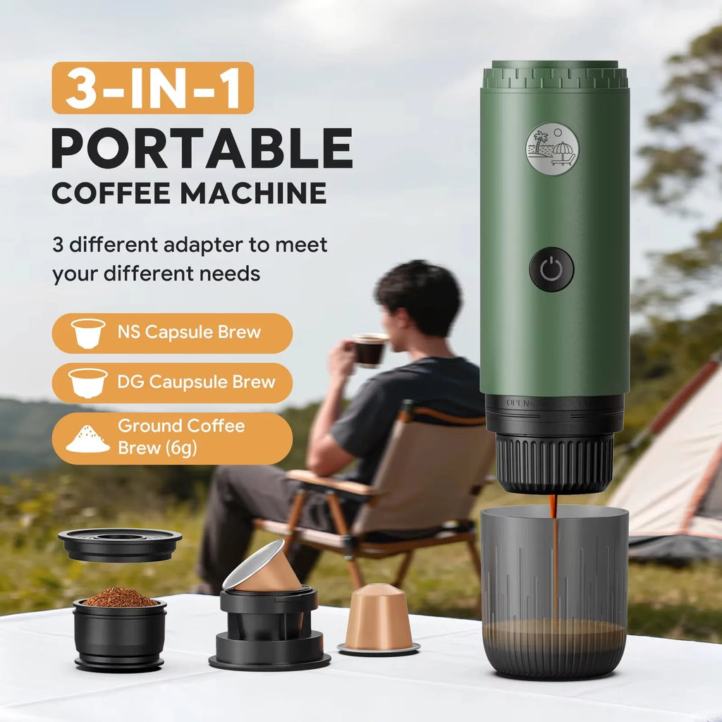 Green 3-in-1 portable coffee maker for capsules or grounds, used outdoors for brewing espresso into a travel cup.