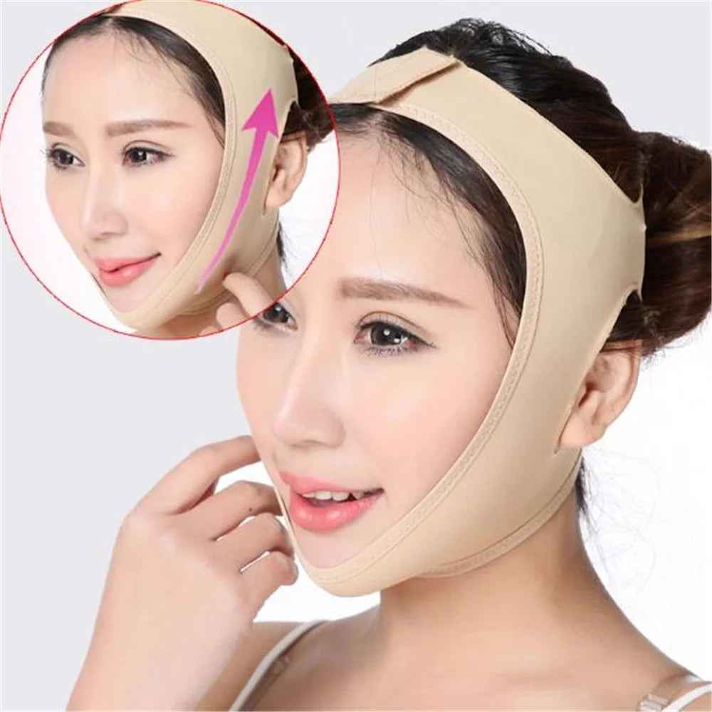 A woman wearing a beige, elastic V-line face slimming bandage strap that supports the chin and cheeks.