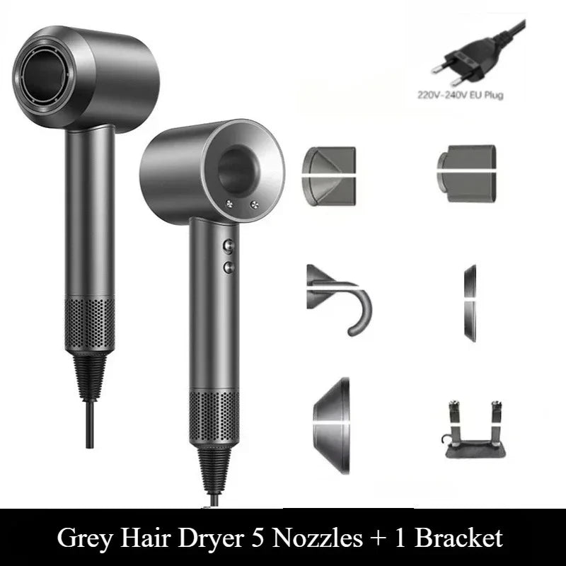 Grey professional leafless ionic hair dryer with 5 nozzles and wall-mount bracket for salon or home styling.