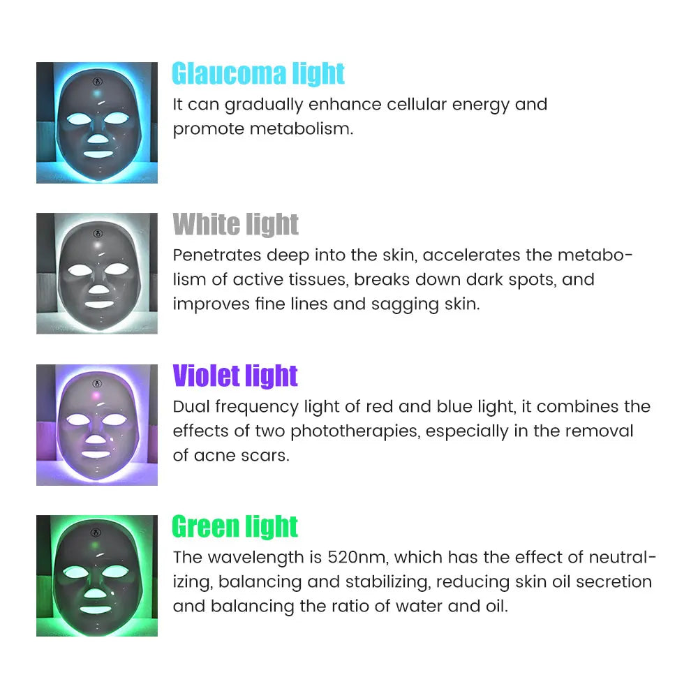 7 Colors LED Facial Mask Photon Therapy Face Skin Care Mask Anti Acne Therapy Skin Rejuvenation Wrinkle Removal Face Beauty Mask