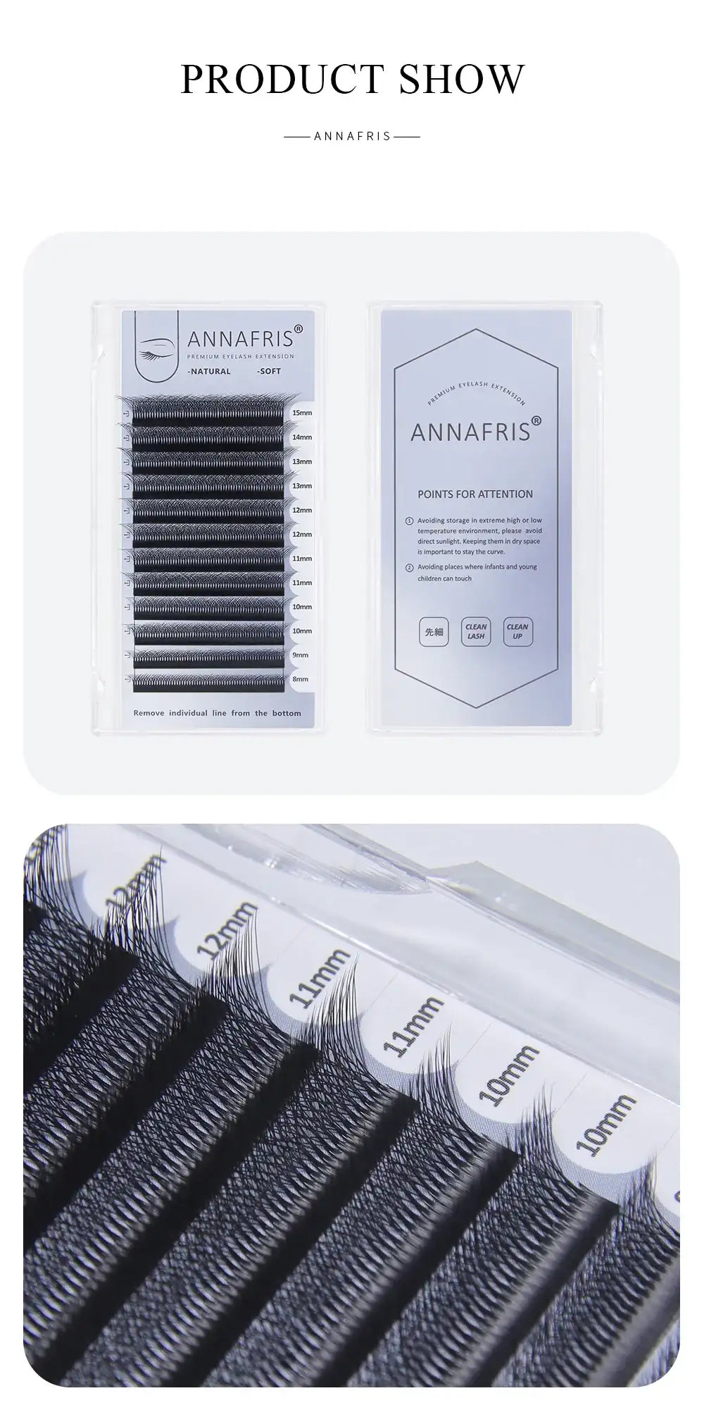 Black synthetic eyelash extension strips in a clear plastic tray, ranging from 8mm to 15mm for professional application.