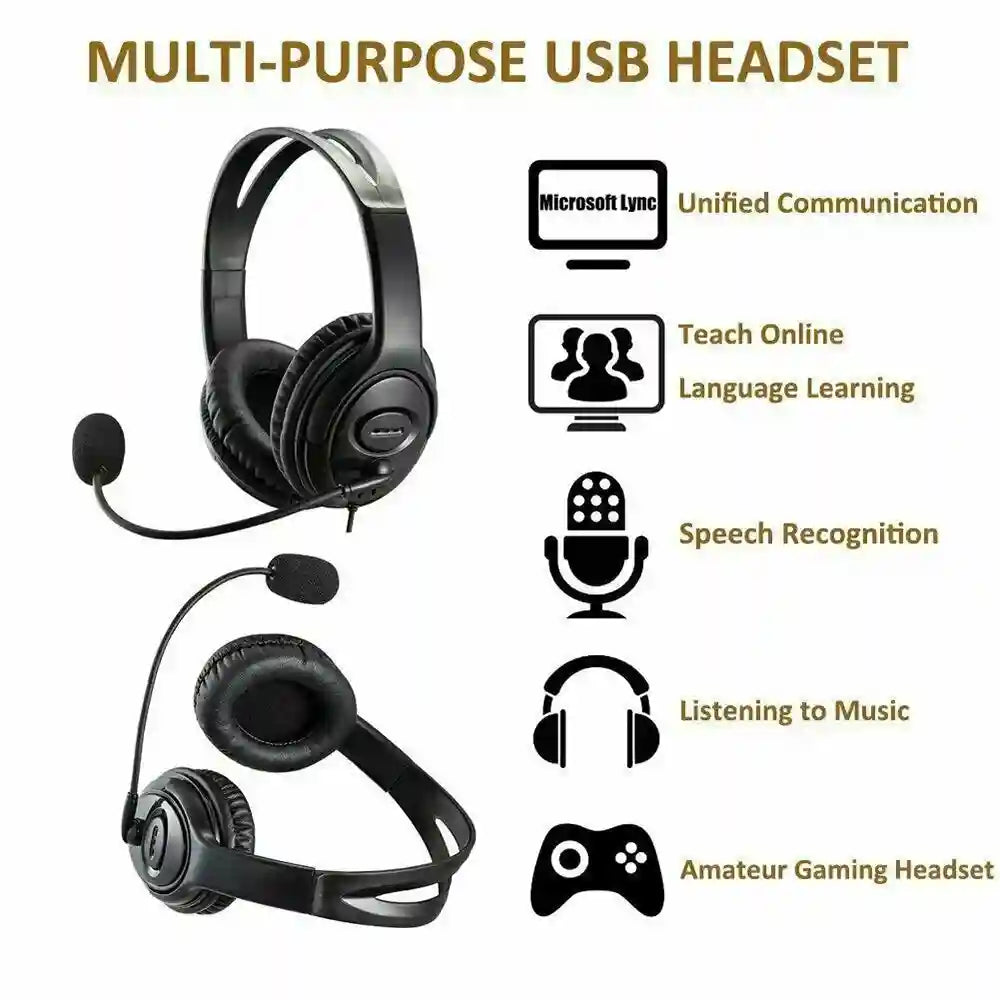 USB Wired Headset with Noise Cancelling Mic for PC - Black Tidesmit