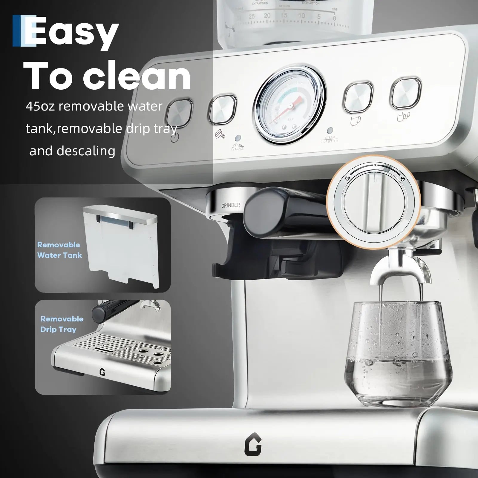 Silver stainless steel espresso machine with 45oz removable water tank, pressure gauge, and removable drip tray.