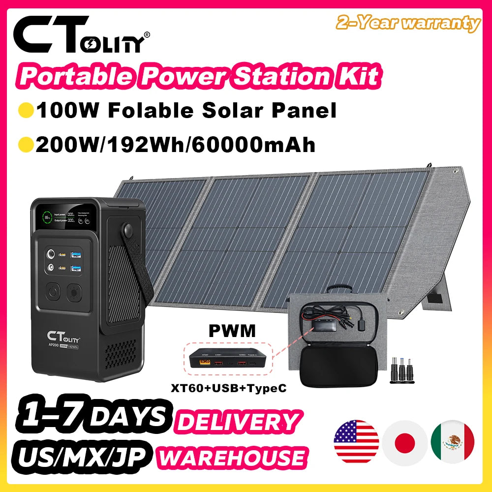 CTOLITY 200W Portable Power Station Kit 100W Solar Generator Panel with Built-in PCB USB Type-C 192Wh Power Bank for Outdoor Camping Emergency Use Home Backup Power