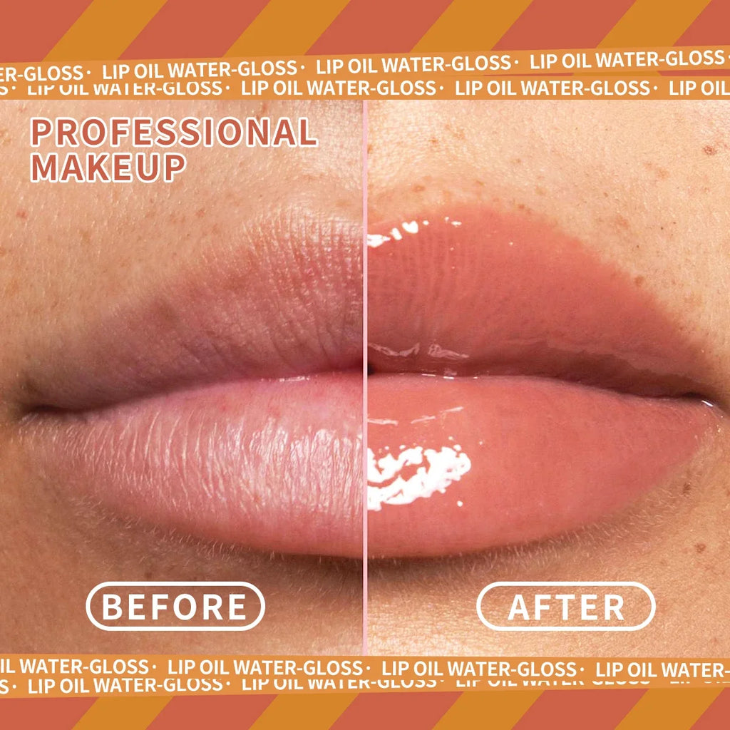 Before and after comparison of lips using pink hydrating lip oil for a glossy, plump, and moisturized effect.