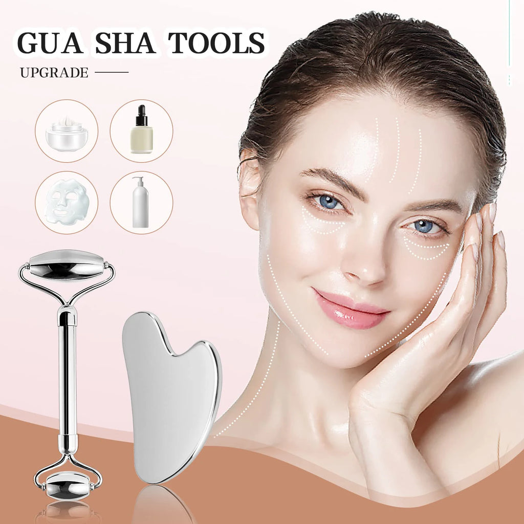 Silver stainless steel facial roller and heart-shaped gua sha tool shown next to a woman with facial massage lines.