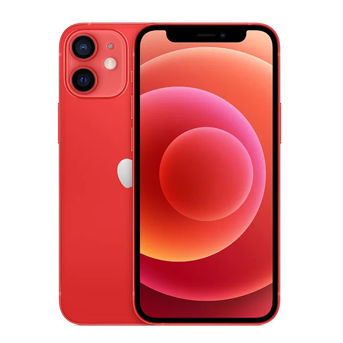 Red unlocked Apple iPhone 12, 6.1-inch display, dual-camera system, front and back view, 5G smartphone.