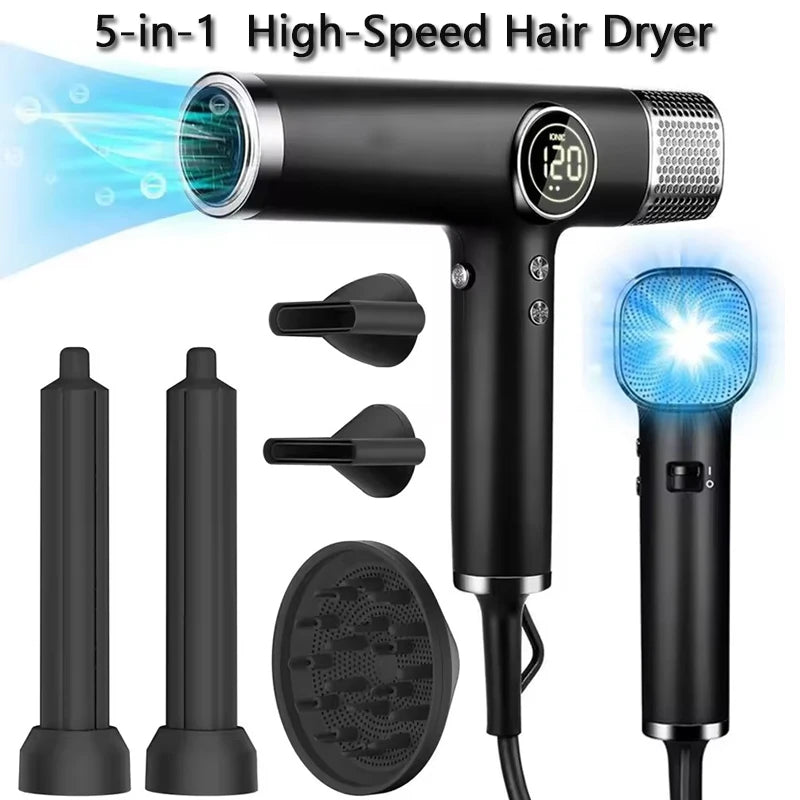 Black 5-in-1 high-speed ionic hair dryer with digital display, styling nozzles, and diffuser attachments.