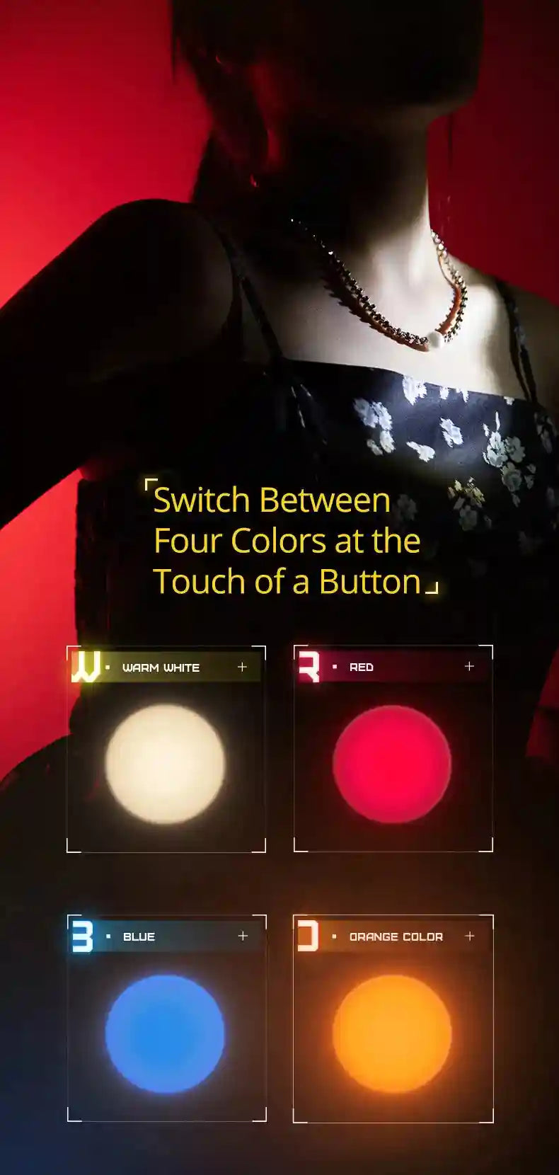 Four-color LED light featuring warm white, red, blue, and orange settings to illuminate jewelry or accessories.