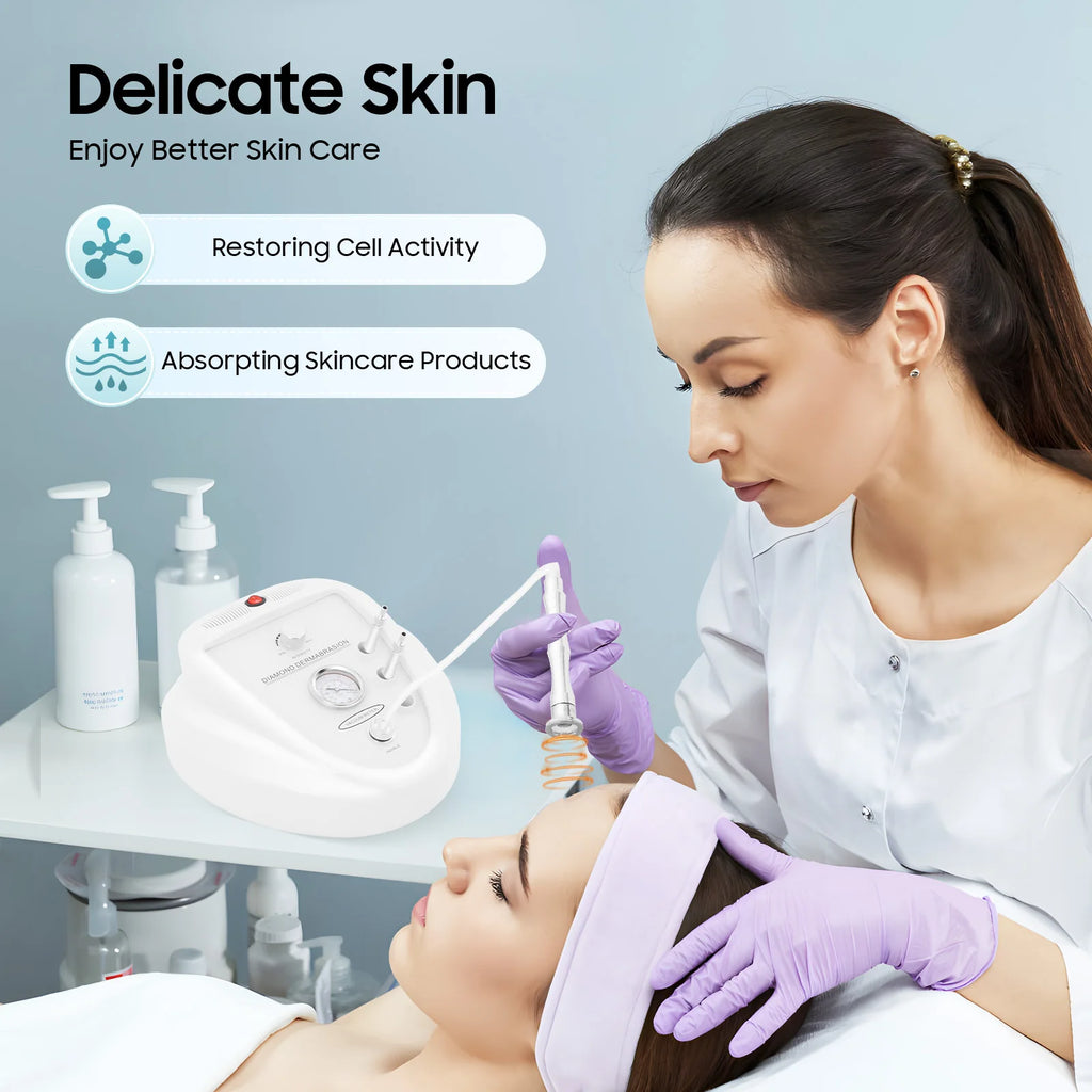 White diamond microdermabrasion machine for home salon use with 9 suction gears, performing facial skin treatment.