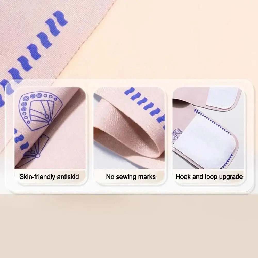 Pink seamless elastic belly band with blue fan-patterned anti-slip grips and adjustable hook-and-loop fasteners.