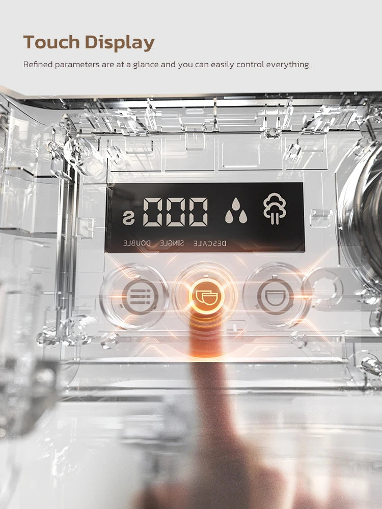Finger touching the illuminated digital touch display of a modern coffee machine with sleek, transparent housing.