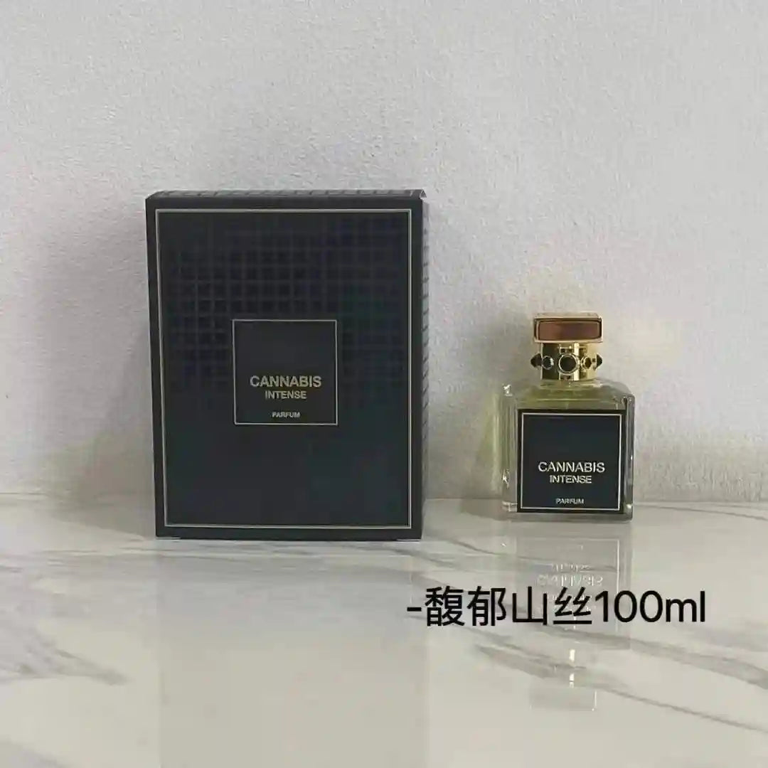 Cannabis Intense niche woody aromatic parfum, 100ml square bottle with gold cap, luxury unisex fragrance gift set.