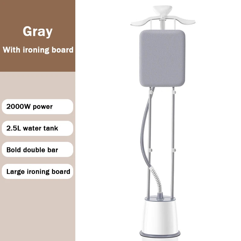 Gray vertical garment steamer with large ironing board and double-bar support
