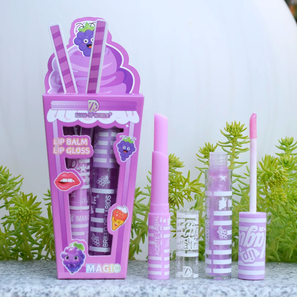 Cute ice cream themed lip balm and shiny gloss set in purple packaging with moisturizing, long-lasting formula.