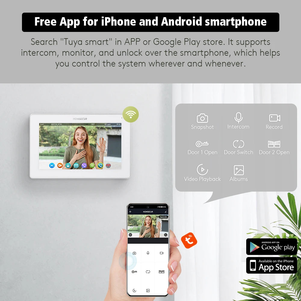 HOMSECUR 4 Wire Tuya Smart 7" WIFI 1080P Video Phone Doorbell Intercom IP65 Camera Fingerprint IC Keyfobs Access Snapshot Record