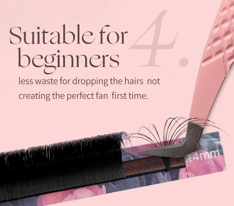Pink tweezers lifting a black lash fan from a strip labeled 14mm against a pink background with text for beginners.