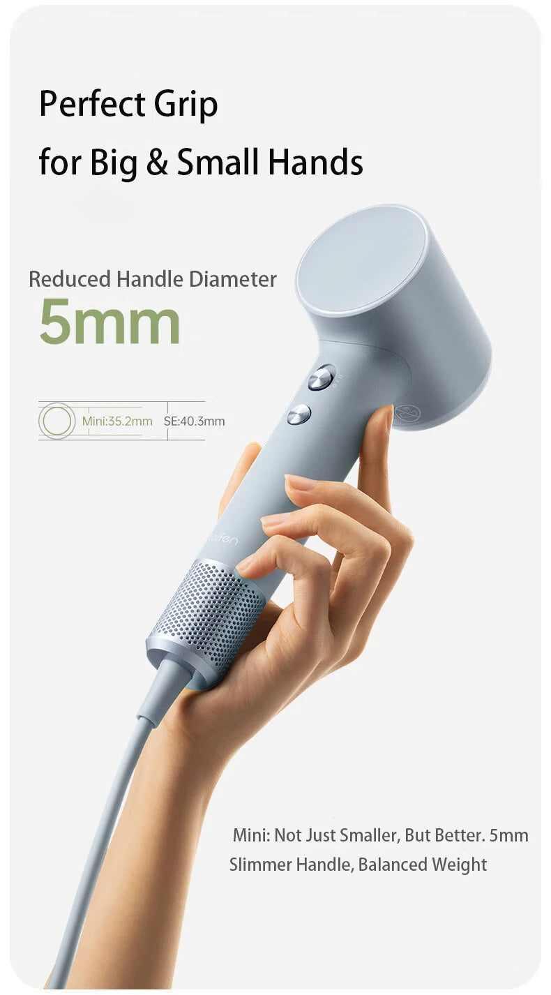 Laifen Mini high-speed hair dryer in blue, featuring a slim 35mm ergonomic handle and lightweight 299g portable design.