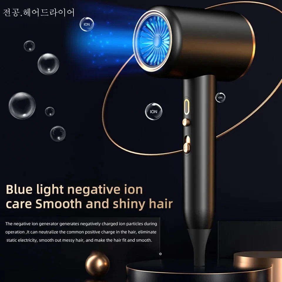 Black F33 high-speed hair dryer with blue light negative ion technology for quick, smooth, and shiny salon-style hair.