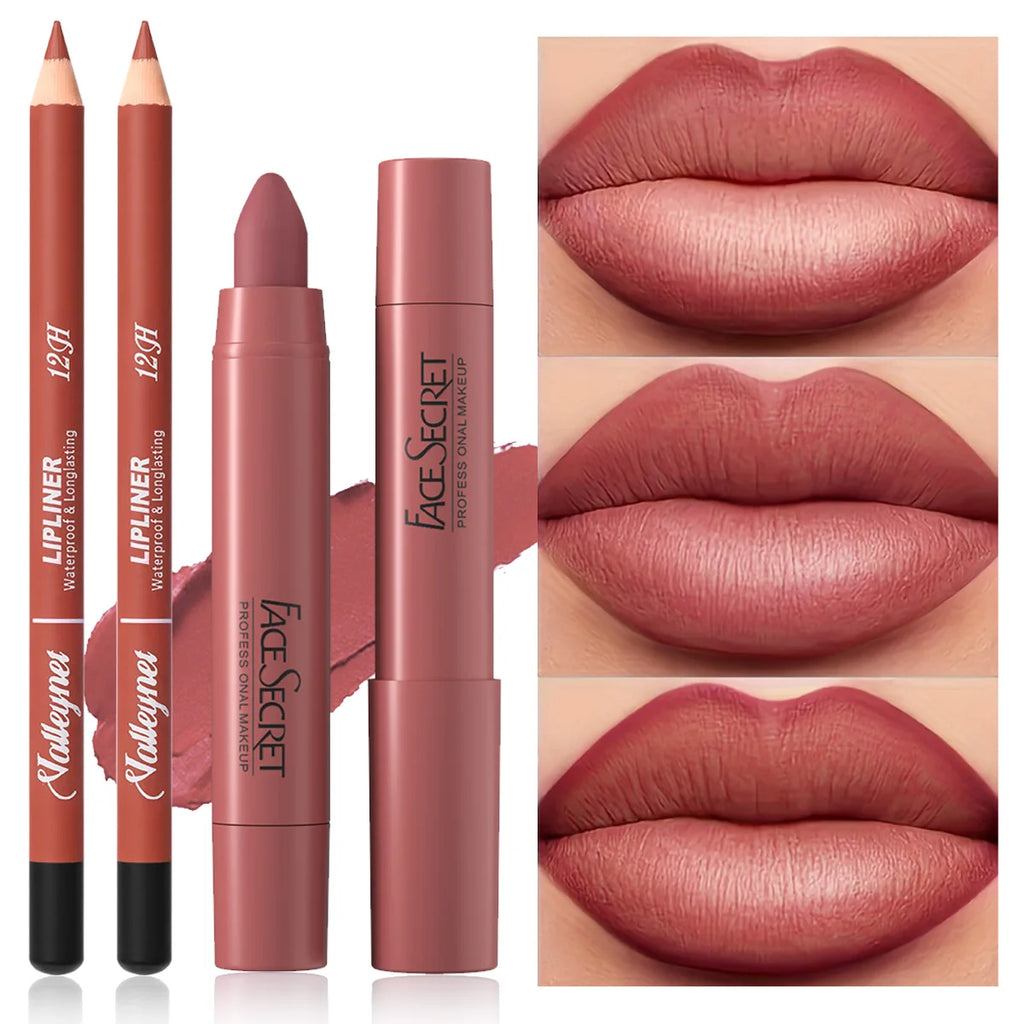 2-piece matte velvet lipstick and waterproof lip liner combo set in mauve-nude with a smooth, long-lasting finish.