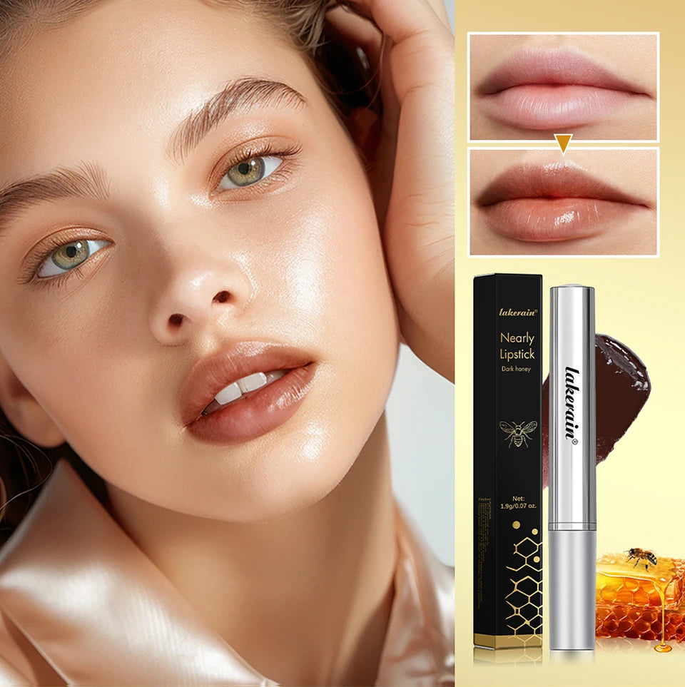 Lakerain nourishing black honey lipstick for glossy, long-lasting tinted lips. Non-stick plumping balm with brown tint.