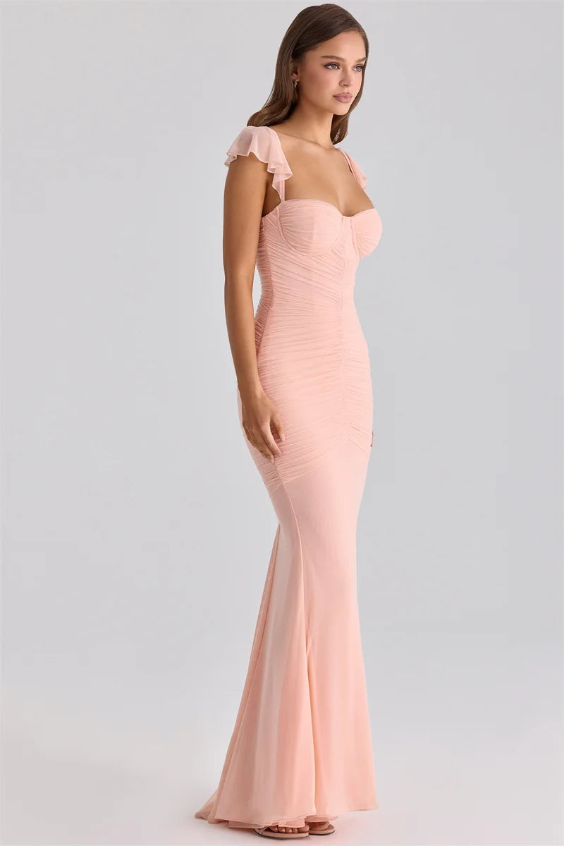 Mozision Sweetheart Neck Sexy Mermaid Maxi Dress Women Elegant Ruffle Sleeves Bodycon Evening Club Party Long Dress Female Gown