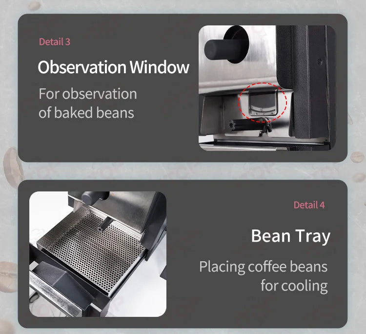 Coffee bean roaster features: stainless steel cooling tray and observation window for monitoring roasted coffee beans.