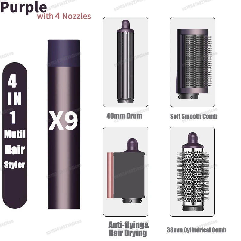 Purple 4-in-1 auto hair styler with curling barrel, hot air brush, and dryer attachments for salon-quality results.