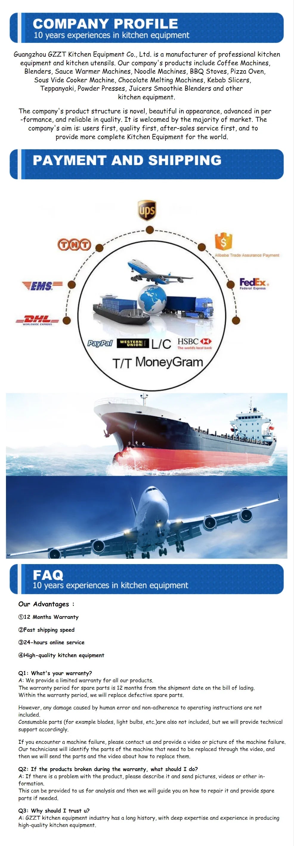 GZZT Kitchen Equipment company profile and logistics information for professional coffee machines and appliances.