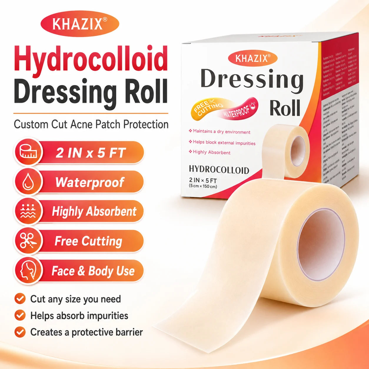 1 volume Hydrocolloid Pimple Patch Roll Cut-to-Size Acne Spot Cover, Invisible Blemish Tape Waterproof Face Care Sticker