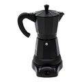 Matte black electric moka pot espresso maker with heating base and ergonomic handle on white background.